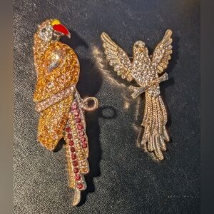 Elegant Gold and Red Parrot Brooch And Gold Tone Phoenix Brooch Set